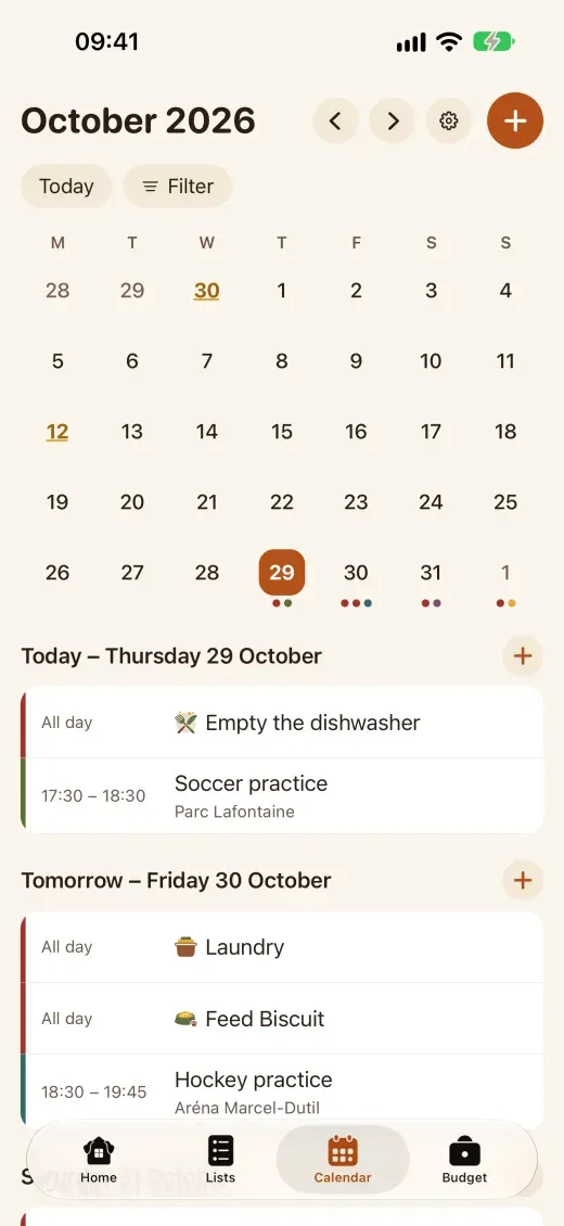 October in the shared calendar, with soccer, hockey and the dentist this week